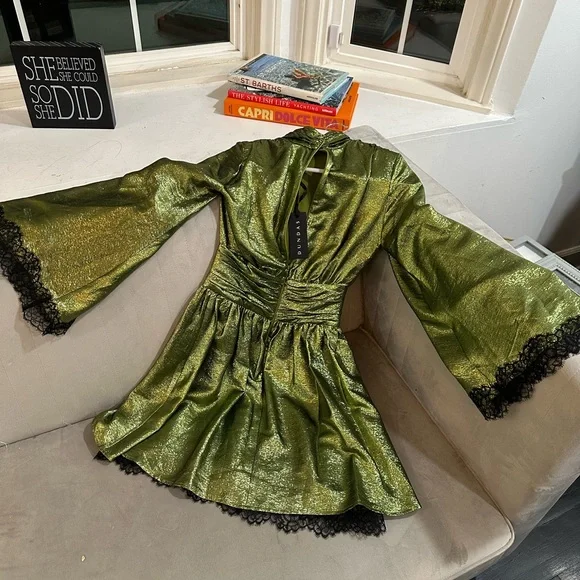 Peter Dundas Green Metallic Cocktail Dress with Lace Trim